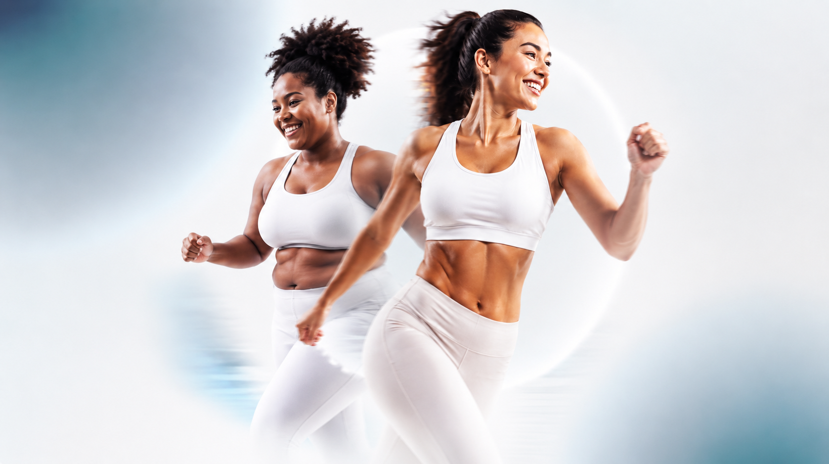 Two active women in a bright white wellness studio